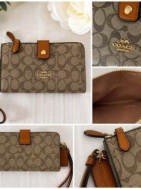 Coach Brown Signature Canvas Zip Wallet Wristlet with Tan Leather Trim